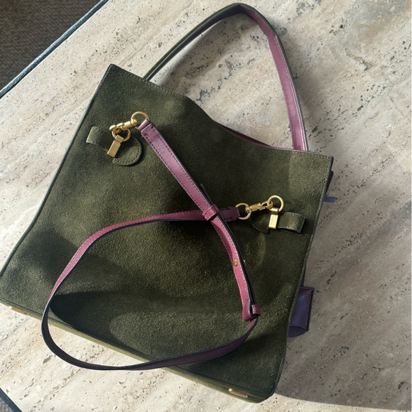 Tory Burch Lee Radziwill Green Suede Double Handbag - Picture 2 of 6